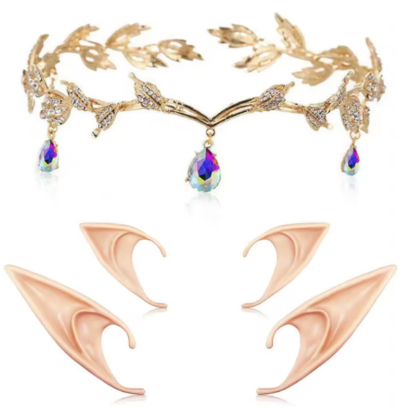 Gold Elf Fairy Tiara with Iridescent Gem & 4 Elf Ears Halloween Cosplay Princess - Picture 1 of 12